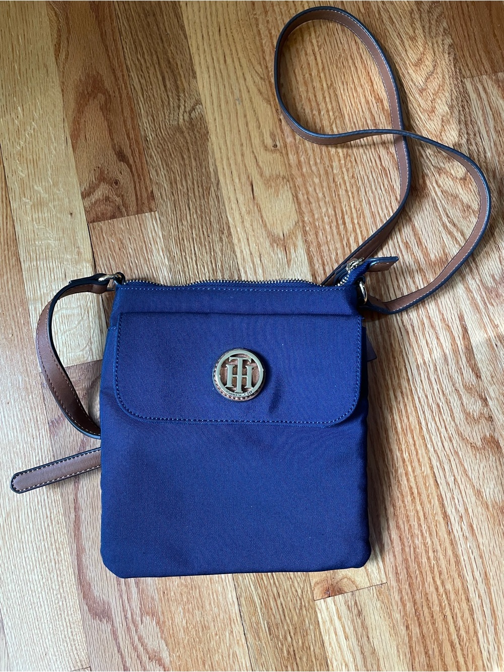 Tommy Hilfiger Navy Crossbody with Brown Strap and Gold Logo